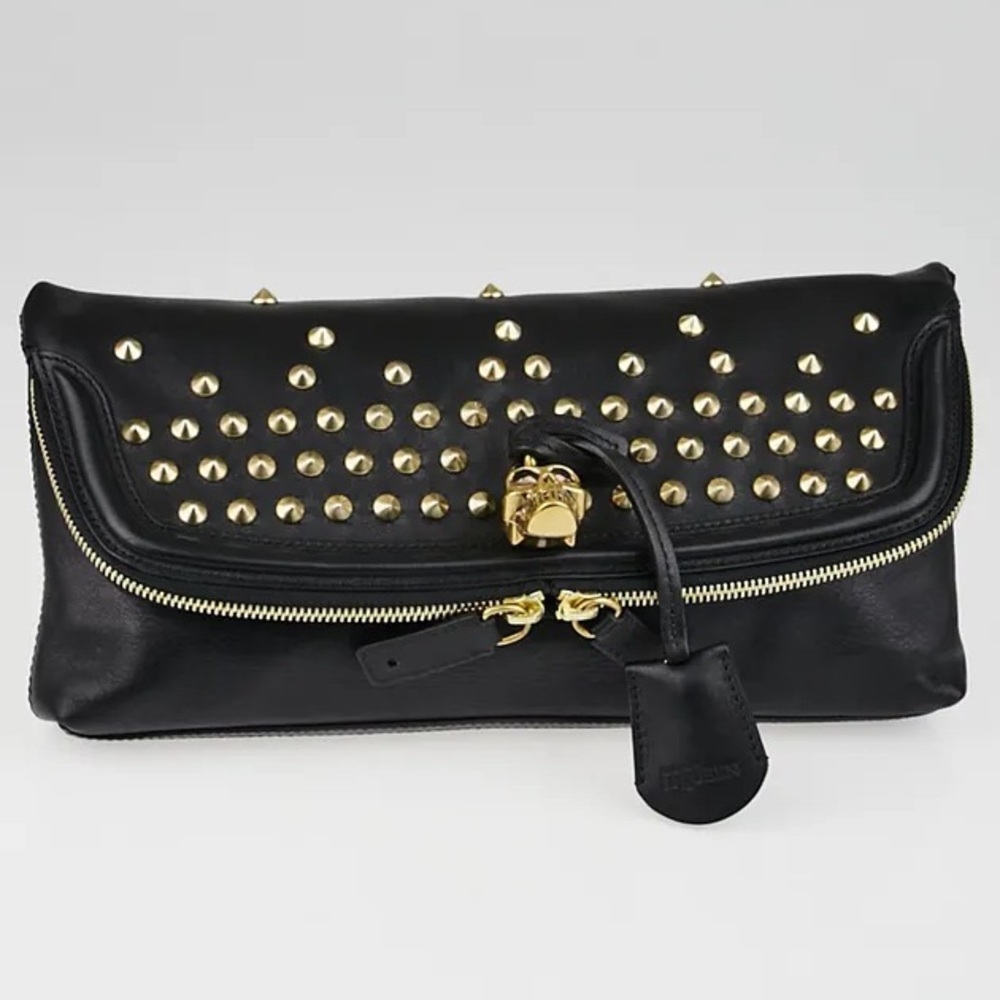 Alexander McQueen Black Leather Studded Padlock Foldover Clutch Bag